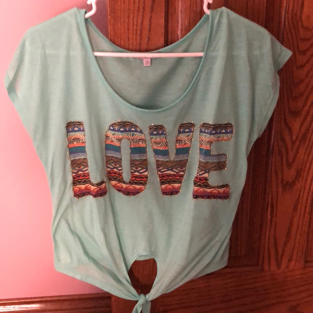 Aqua “love” Aztec crop top with keyhole